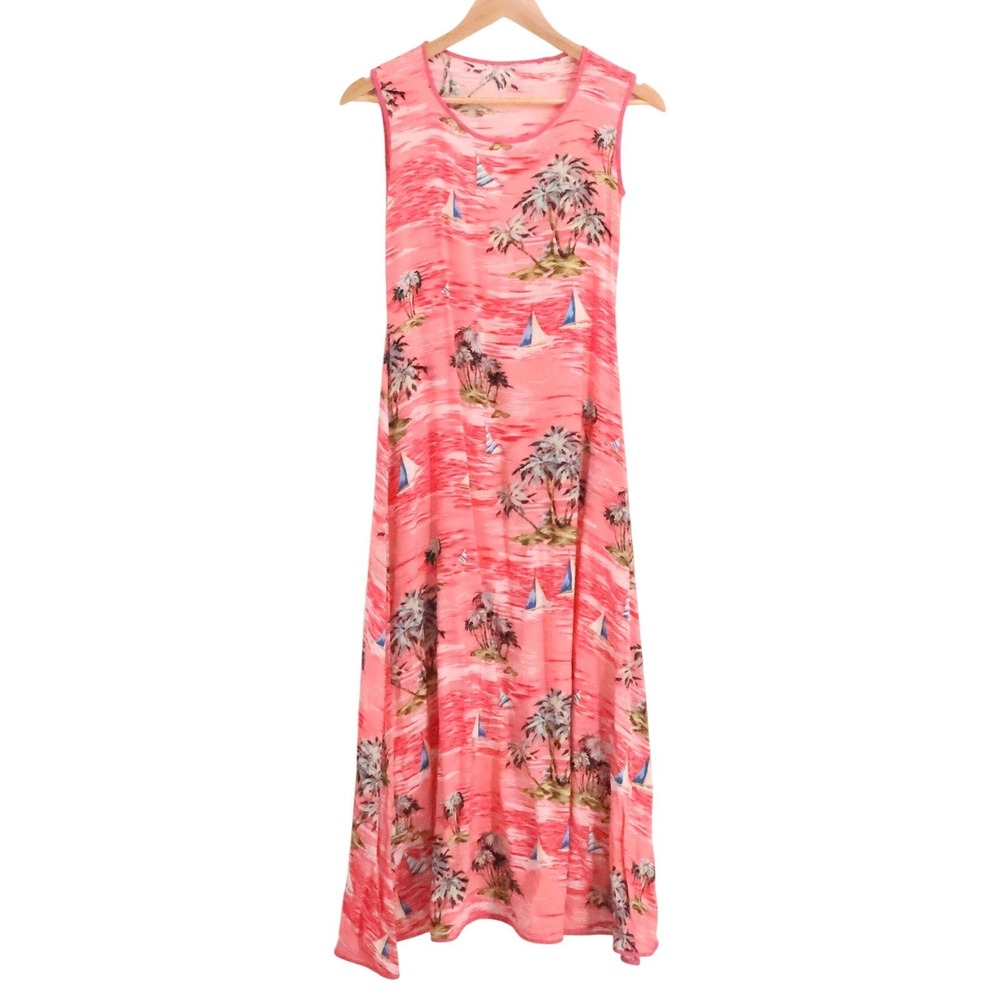 Tropical Palm Tree Sailboat Midi Dress Pink Beach Vacation Resort Cruise Size S